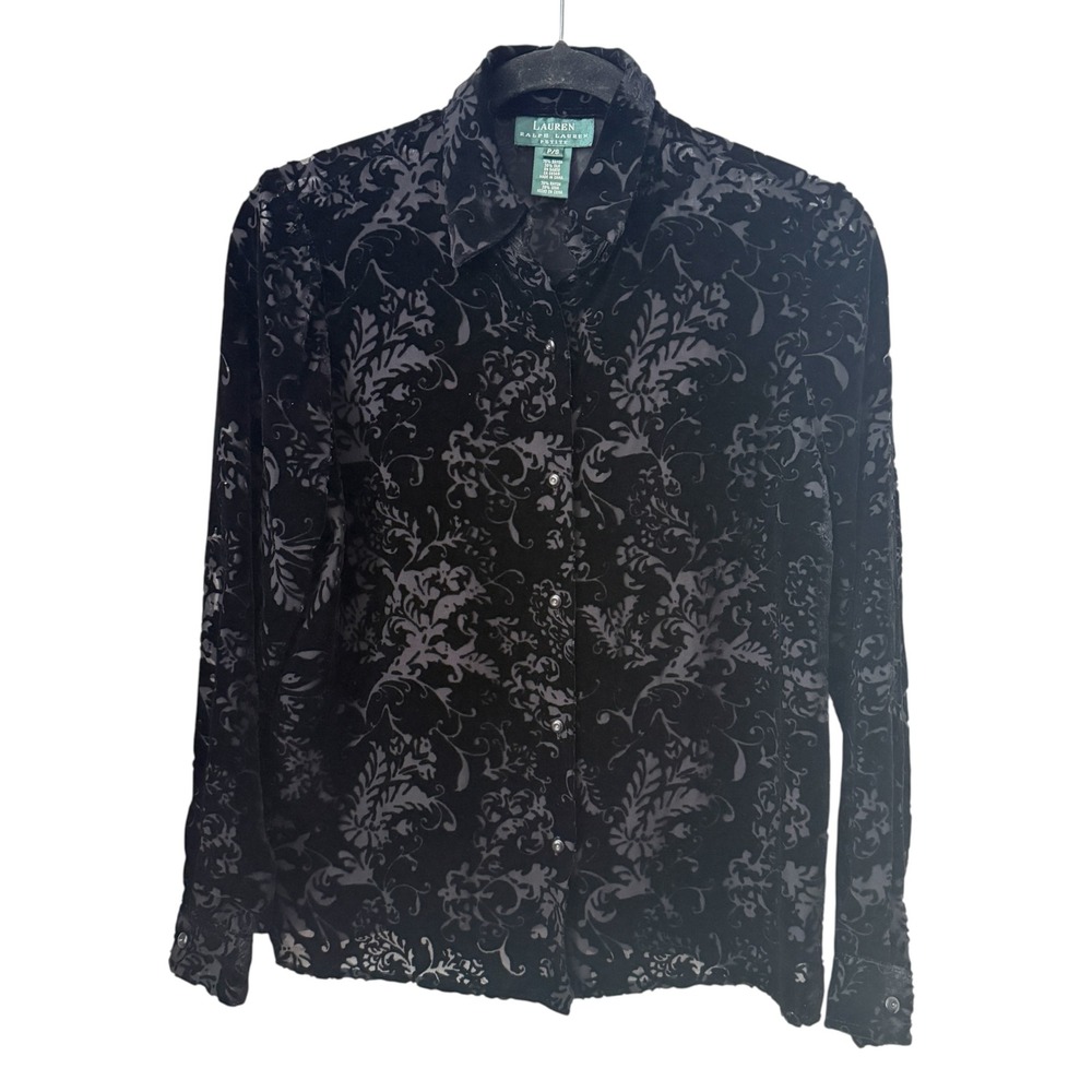 Lauren Ralph Lauren Petite Black Silk Blend Burnout Velvet Floral Blouse P/S
